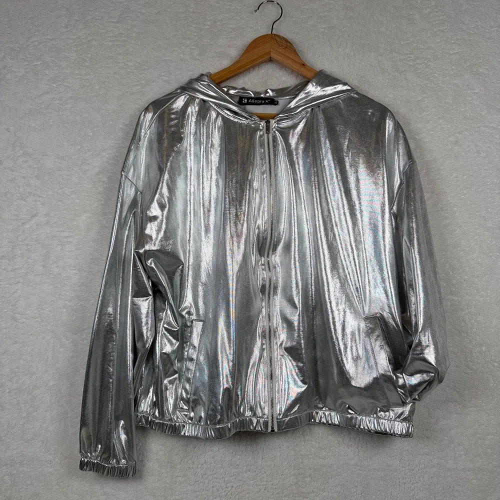 Allegra K Womens Silver Metallic Full Zip Hoodie Jacket Size XL Shiny‎